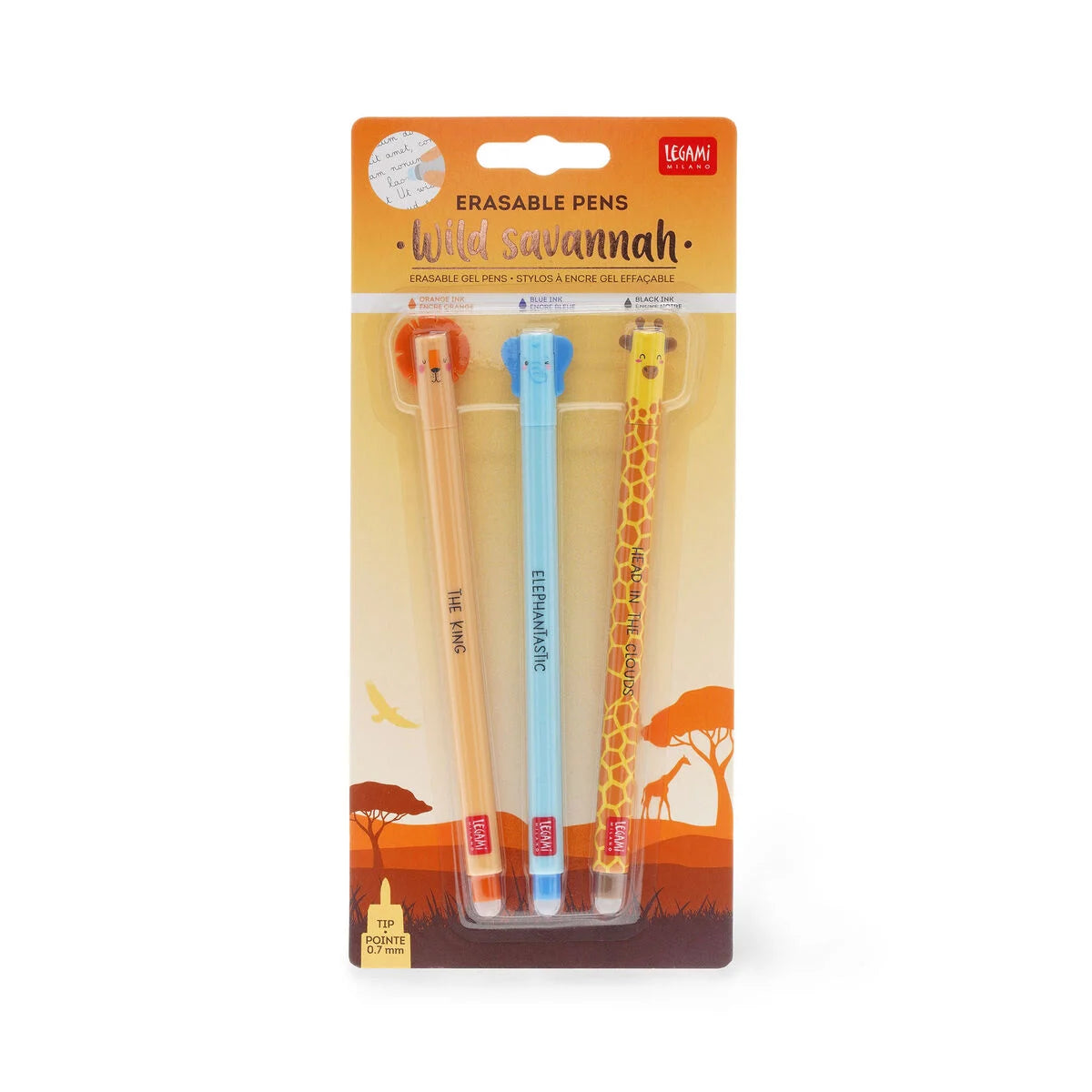 Pen eraseable, 3 pak, løve, elefant og giraf