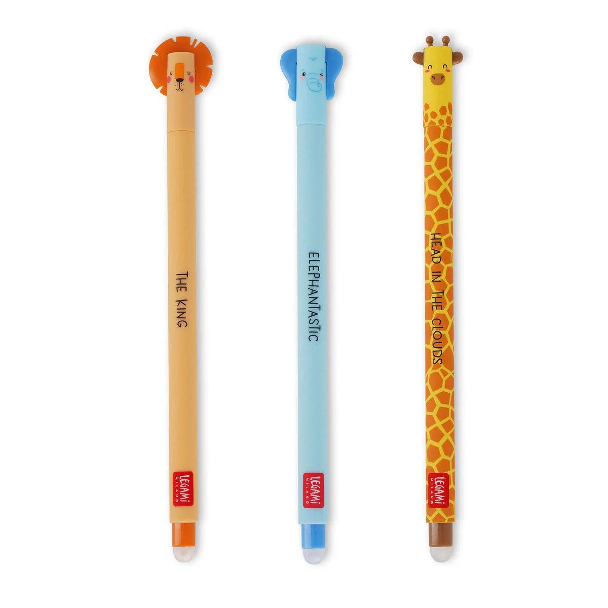 Pen eraseable, 3 pak, løve, elefant og giraf